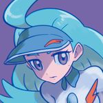  1girl ahoge blue_hair blue_hat grey_eyes half-closed_eyes hat kahili_(pokemon) long_hair looking_at_viewer mole mole_under_eye pokemon pokemon_sm purple_backgrund reiesu_(reis) shirt simple_background solo white_shirt 