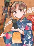  alternate_costume ayanami_(kantai_collection) brown_eyes brown_hair fan floral_print itomugi-kun japanese_clothes kantai_collection kimono long_hair long_sleeves obi paper_fan sash side_ponytail smile solo uchiwa wide_sleeves yukata 