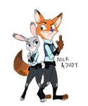  2017 anthro canine claws clothed clothing dipstick_ears dipstick_tail disney duo fox fully_clothed fur green_eyes hi_res judy_hopps looking_back male mammal multicolored_tail nick_wilde pafull police_uniform purple_eyes simple_background size_difference standing uniform white_background zootopia 