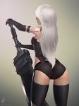  absurdres android ass back black_gloves black_hair black_legwear elbow_gloves facing_away from_behind georgy_stacker gloves hair_over_eyes highres huge_weapon long_hair nier_(series) nier_automata silver_hair solo sword thighhighs weapon yorha_type_a_no._2 
