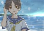  artist_name bangs beach black_eyes black_hair blurry blurry_background blush commentary day dot_nose hand_in_hair looking_at_viewer neckerchief ocean original parted_lips sailor_collar school_uniform serafuku shirt shore short_hair short_sleeves signature smile solo umiroku upper_body white_shirt yellow_neckwear 