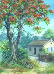  bicycle_basket blue_sky brick_wall building cloud commentary_request day delonix_regia door flower forest grass ground_vehicle highres house kiki0819 laundry mountain nature no_humans outdoors plant potted_plant rural scenery sky stool tile_roof tree wall window 