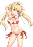  ahoge alto_seneka armpits arms_behind_head arms_up bikini blonde_hair breasts cleavage cleft_of_venus closed_mouth contrapposto covered_nipples criss-cross_halter earrings eyebrows_visible_through_hair fate/grand_order fate_(series) green_eyes hair_intakes halterneck highres jewelry large_breasts long_hair looking_at_viewer navel nero_claudius_(fate)_(all) nero_claudius_(swimsuit_caster)_(fate) shiny shiny_skin side-tie_bikini simple_background smile standing star striped striped_bikini swimsuit white_background 