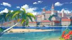  blue_sky building castle chai_(yoship) chair city cloud cloudy_sky commentary_request day flower grass no_humans official_art outdoors palm_tree parasol sand scenery shinkai_no_valkyrie shore sky tower tree umbrella watermark web_address 