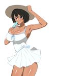  armpits black_hair blue_eyes breasts cleavage cowboy_shot dress food hand_on_headwear hat highres kagemusha large_breasts looking_at_viewer original popsicle short_hair simple_background sleeveless sleeveless_dress solo tan tanline white_background 