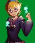  belt blue_eyes eye_contact freckles glasses green_background hairband little_witch_academia looking_at_another looking_at_viewer lotte_jansson mool_yueguang orange_hair red-framed_eyewear school_uniform short_hair smile solo spirit standing upper_body 