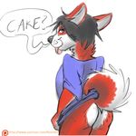 black_hair blue_shirt bottomless butt canine clothed clothing curled_tail dog from_behind_(disambiguation) fur hair husky koda(supa_huskey) mammal notactuallyhere presenting presenting_hindquarters raised_tail red_fur solo speech_bubble 