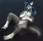  4_toes 5_fingers angiewolf anthro black_nose blue_hair canine featureless_crotch fur grey_fur hair male mammal open_mouth simple_background solo teeth toes tongue white_fur wolf yellow_eyes 