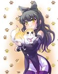  alice_(chi's_sweet_home) black_hair blake_belladonna bow cat chi's_sweet_home collar commentary ears_down hair_bow highres iesupa navel pantyhose paw_print rwby seiyuu_connection shimamura_yuu smile yellow_eyes 