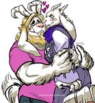  &lt;3 asgore_dreemurr beard blush boss_monster caprine delta_rune dog_tail duo ependa facial_hair fangs fur goat horn hug long_ears mammal simple_background toriel undertale video_games white_background white_fur 