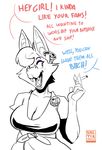  2017 anthro bat big_breasts breasts cigarette cleavage clothed clothing dialogue ear_piercing english_text eyelashes fangs female mammal offscreen_character open_mouth piercing speech_bubble text valtik vivian_(valtik) 