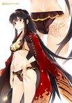  ass bikini bikini_pull black_hair cameltoe collarbone fate/grand_order fate_(series) frilled_bikini_bottom frills groin jacket_on_shoulders long_hair looking_at_viewer multiple_views navel oda_nobunaga_(fate) oda_nobunaga_(swimsuit_berserker)_(fate) red_eyes ribs signature super_zombie swimsuit very_long_hair white_background 