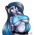  anthro big_breasts bimbofication blue_eyes blush bottomwear breasts clothed clothing crop_top ear_piercing eyewear felid female glasses hair hi_res huge_breasts jewelry long_hair makeup mammal medicatedcannibal midriff necklace pantherine pendant piercing shirt silver_hair skimpy skirt snow_leopard solo titania_(chromatic_bard) topwear trans_(lore) trans_woman_(lore) under_boob wearing_glasses 
