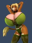  3d_(artwork) annabelle_cow anthro anthroanim big_breasts blonde_hair bovine breasts cattle clothed clothing digital_media_(artwork) female front_view fur hair horn huge_breasts looking_at_viewer mammal pinup pose simple_background smile solo 