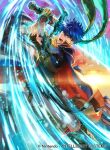 1boy blue_cape blue_eyes blue_hair cape commentary_request company_name fire_emblem fire_emblem:_path_of_radiance fire_emblem_cipher glowing glowing_sword glowing_weapon green_headband headband holding holding_sword holding_weapon ike_(fire_emblem) male_focus official_art open_mouth outdoors red_cape short_hair solo suzuki_rika sword torn_clothes torn_sleeves two-sided_cape two-sided_fabric weapon 