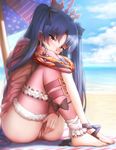  ankle_ribbon barefoot beach beach_umbrella black_hair blush bottomless censored day earrings fate/grand_order fate_(series) fur_trim ginhaha hair_ornament hair_ribbon hoop_earrings ishtar_(fate/grand_order) ishtar_(swimsuit_rider)_(fate) jacket jewelry long_hair long_legs looking_at_viewer mosaic_censoring ocean pussy red_eyes ribbon single_thighhigh sitting solo thighhighs toeless_legwear two_side_up umbrella 