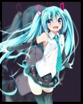  :d anniversary aqua_eyes aqua_hair arms_at_sides blush boots commentary detached_sleeves hatsune_miku highres long_hair mtu_(orewamuzituda) nail_polish necktie open_mouth skirt smile solo thigh_boots thighhighs twintails very_long_hair vocaloid zoom_layer 