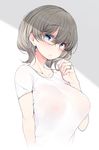  arm_behind_back bangs blue_eyes blush breasts brown_hair closed_mouth collarbone commentary eyebrows_visible_through_hair eyelashes fingernails glasses hair_between_eyes half-closed_eyes hand_to_own_mouth hand_up jewelry large_breasts long_fingernails looking_at_viewer nail_polish nekoume no_bra original pink_nails ring see-through shirt short_hair short_sleeves solo upper_body wedding_band wet wet_clothes wet_shirt white_shirt 