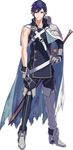  blue_eyes blue_hair cape ebira falchion_(fire_emblem) fire_emblem fire_emblem:_kakusei fire_emblem_heroes full_body gloves highres krom looking_at_viewer male_focus official_art smile solo sword transparent_background weapon 
