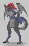  anthro breasts claws cleavage clothed clothing dragon female fin hair partially_clothed post_transformation red_hair scalie simple_background solo surprise thatweirdguyjosh torn_clothing wings 