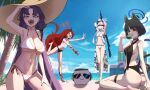  1boy 4girls absurdres animal_ears ass bakeneko bare_arms bare_back bare_hips bare_legs bare_shoulders barefoot beach bikini bird black_bikini black_choker black_halo black_horns blindfold blue_archive blue_halo blue_sky body_markings breasts buried cat_ears cat_tail choker cleavage cloud coat collarbone cooler criss-cross_halter day doodle_sensei_(blue_archive) dragon_tail eating eyeliner eyeshadow floral_print food gradient_halo gun halo halterneck highres holding holding_gun holding_weapon horns ice_cream kaba_(hama) kikyou_(blue_archive) large_breasts large_hat long_hair looking_at_viewer makeup medium_breasts multicolored_halo multiple_girls multiple_tails nagusa_(blue_archive) narrow_waist navel ocean open_clothes open_coat open_mouth outdoors outstretched_arms outstretched_hand panicking partially_buried popsicle print_coat purple_eyes purple_hair red_eyeliner red_eyes red_eyeshadow red_hair red_halo red_tail renge_(blue_archive) sand sensei_(blue_archive) shade side-tie_bikini_bottom single_horn sitting sky standing string_bikini sunglasses sunlight surprised swimsuit tail tank_top thigh_strap thighs through_ground tree two_tails walking wariza water weapon white_bikini white_coat white_hair white_halo white_tank_top wide-eyed winding yellow_eyes yukari_(blue_archive) 