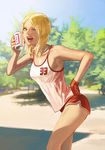  bad_girl beer_can blonde_hair blue_sky can day gloves hand_on_hip kozaki_yuusuke looking_at_viewer no_more_heroes official_art one_eye_closed open_mouth short_hair short_shorts shorts single_glove sky smile solo tank_top travis_strikes_back:_no_more_heroes tree 