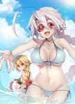  ahoge ass_visible_through_thighs ball beachball bikini black_bikini blazblue blonde_hair blue_bikini blush braid breasts choker cloud cloudy_sky day eyepatch highres lambda-11 large_breasts long_hair multiple_girls nu-13 red_eyes side-tie_bikini silver_hair sky smile splashing swimsuit uzukinoko 