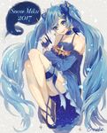  2017 alternate_costume blue_dress blue_eyes blue_hair blue_nails detached_sleeves dress hair_ornament hatsune_miku highres legs_up long_hair nail_polish simple_background smile snow solo star_night_snow_(vocaloid) twintails usuke_(u_skeeep) very_long_hair vocaloid wand yuki_miku yuki_miku_(2017) 