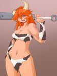  1girl broken_horn camel_(dansen) cleavage club cow_print female horns muscle navel oni open_mouth orange_hair original pointy_ears smile solo ushi-oni_(camel) weapon 