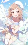  1girl absurdres ascot blue_nails blue_ribbon blue_shirt blue_sky blue_wrist_cuffs blurry blurry_background blush bow breasts brown_eyes brown_hair cape collarbone day depth_of_field falling_feathers feathered_wings feathers gradient_ascot green_cape hair_bow hair_ribbon hands_up hat highres idolmaster idolmaster_shiny_colors light_brown_hair looking_at_viewer medium_hair nail_polish open_mouth outdoors reikakrzk ribbon sakuragi_mano shirt shorts single_wrist_cuff sky smile solo thighhighs white_thighhighs wings wrist_cuffs yellow_shorts 