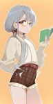  1girl arm_behind_back belt blush book brown_eyes brown_shorts checkered_clothes checkered_shorts commentary cowboy_shot frilled_shorts frills glasses grey_hair highres hisakawa_nagi holding holding_book idolmaster idolmaster_cinderella_girls idolmaster_cinderella_girls_starlight_stage long_hair long_sleeves looking_at_viewer low_twintails monemasu orange_background red_belt shirt short_shorts shorts sidelocks smile smug solo thighs twintails v-shaped_eyebrows white_shirt yellow-framed_eyewear 