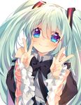  blue_eyes bow bowtie commentary_request detached_sleeves double_v green_hair hatsune_miku highres kazato_fuuchi long_hair looking_at_viewer smile solo twintails v vocaloid 