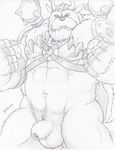  2017 5_fingers abs absurd_res anthro armor balls beard digimon dudebulge facial_hair fist flaccid front_view greyscale harness helmet hi_res horn mace male mammal melee_weapon monochrome musclegut navel nipples nude pecs pencil_(artwork) penis pose pubes shield solo standing traditional_media_(artwork) uncut vikemon weapon 