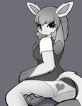  2017 anthro anthrofied breasts butt clothing eeveelution eyelashes female glaceon grey_background greyscale hair hi_res looking_at_viewer looking_back monochrome nintendo panties pinkcappachino pok&eacute;mon pok&eacute;morph school_uniform side_boob simple_background smile solo underwear uniform video_games 