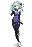  black_bodysuit blush bodysuit breasts commentary_request green_hair hair_ribbon latex latex_bodysuit looking_at_viewer maid_headdress medium_breasts original purinpu purple_eyes ribbon skin_tight smile solo twintails 