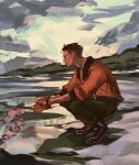  1boy black_footwear black_hair bomber_jacket closed_mouth cloud collared_jacket commentary disco_elysium english_commentary flower glasses green_pants highres jacket kim_kitsuragi kneeling looking_ahead male_focus mature_male mountain orange_jacket own_hands_clasped own_hands_together pants pink_flower rimless_eyewear round_eyewear shoes short_hair sky sleeve_cuffs sneakers solo sunnnliwx 