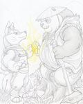  2017 absurd_res anthro bear canine conical_hat digitigrade dudebulge duo eye_contact fox hi_res li_shan male mammal overweight overweight_male panda pencil_(artwork) signature sitting size_difference staff standing traditional_media_(artwork) whiskers 