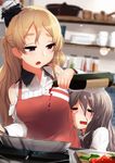  alcohol apron bare_shoulders blonde_hair bottle braid brown_eyes commentary_request cooking drunk food frying_pan grey_hair hat highres indoors kantai_collection long_hair mini_hat multiple_girls open_mouth pola_(kantai_collection) pouring remodel_(kantai_collection) square_mouth suginoji tears thick_eyebrows tomato vegetable wavy_hair wine wine_bottle zara_(kantai_collection) 