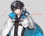  armor black_hair blue_eyes cape character_name charlemagne_(fate) chocoan fate/extella fate/extella_link fate/extra fate_(series) grey_background male_focus multicolored_hair simple_background smile solo star two-tone_hair upper_body v 