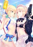  &gt;:) :d ahoge apron arched_back artoria_pendragon_(all) artoria_pendragon_(swimsuit_archer) artoria_pendragon_(swimsuit_rider_alter) ass bare_arms bare_shoulders bikini bikini_top black_bow black_jacket black_neckwear black_skirt blonde_hair blue_bow blue_sky bow bowtie breast_press breasts choker closed_mouth cloud condensation_trail cowboy_shot day elbow_gloves eye_contact fate_(series) frilled_bikini_top frilled_choker frills gloves green_eyes gun halterneck highres hisakata_souji holding holding_gun holding_weapon jacket long_sleeves looking_at_another maid_apron maid_bikini maid_headdress medium_breasts multiple_girls navel off_shoulder open_clothes open_jacket open_mouth outdoors parted_lips petticoat pistole ribbon_trim saber short_hair skirt sky smile standing stomach swimsuit symmetrical_docking tsurime v-shaped_eyebrows waist_apron water_gun weapon white_apron white_bikini yellow_eyes 