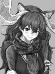  animal_ears antlers blush breasts closed_mouth crossed_arms fur_scarf grey_background greyscale hair_between_eyes head_tilt highres kemono_friends large_breasts lips long_hair long_sleeves looking_at_viewer monochrome moose_(kemono_friends) scarf shiba_itsuki signature simple_background smile sweater_vest upper_body 
