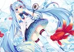  blue_eyes blue_hair bow bowtie bubble detached_sleeves fish hatsune_miku hecha_(swy1996228) long_hair microphone skirt solo thighhighs twintails very_long_hair vocaloid walking 