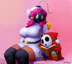  2017 big_breasts bob-omb book breasts clothing duo eyelashes female footwear hair humanoid larger_female legwear male mario_bros mask mataknight nintendo outta_sync pat_(outta_sync) pink_background pink_hair shoes shy-bomb shygirl shyguy simple_background sitting size_difference smaller_male stockings video_games 