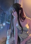  bare_shoulders black_hair blue_eyes breasts city cleavage commentary_request curtains hair_between_eyes highres indoors long_hair looking_away looking_out_window looking_to_the_side medium_breasts night nightgown original pillow rain reflection sanriyueguyun sidelocks signature solo very_long_hair window 