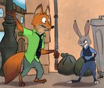  2017 alley anthro barefoot buckteeth canine clothed clothing disney duo female fox frown fully_clothed fur gloves_(marking) hands_on_hips judy_hopps lagomorph male mammal markings nick_wilde open_mouth outside police_uniform rabbit radicalrobo raised_arm street_lamp teeth trash_bag trash_can uniform zootopia 