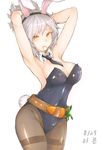  adjusting_hair animal_ears armpits arms_up bangs bare_arms battle_bunny_riven breasts bunny_ears bunny_tail bunnysuit carrot cleavage covered_navel cowboy_shot groin hairband highres korean league_of_legends leotard looking_at_viewer medium_breasts necktie pantyhose pointy_ears riven_(league_of_legends) silver_hair simple_background strapless sunrockman sweatdrop tail tied_hair white_background yellow_eyes 