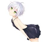  ahoge backless_dress backless_outfit black_dress breasts closed_mouth diamond-shaped_pupils dress eyebrows_visible_through_hair green_eyes haaaaayu hair_between_eyes hand_on_thigh highres original self_upload short_dress short_hair silver_hair sleeveless sleeveless_dress small_breasts solo standing symbol-shaped_pupils white_background 
