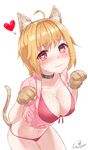  :3 ahoge animal_ears bangs bikini blonde_hair blush breasts cat_ears cat_tail cleavage closed_mouth collar collarbone commentary cowboy_shot crop_top eyebrows_visible_through_hair frills front-tie_bikini front-tie_top hands_up heart heart-shaped_pupils highres large_breasts legs_together long_hair looking_at_viewer navel nose_blush original paw_pose red_bikini red_eyes saliva short_sleeves simple_background smile solo suggestive_fluid swimsuit symbol-shaped_pupils tail thighs very_long_hair wet.elephant whisker_markings white_background 