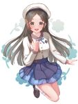  1girl absurdres blue_overskirt blue_skirt blush brown_footwear brown_hair gakuen_idolmaster hat hatsuboshi_gakuen_school_uniform highres idolmaster jacket kuramoto_china long_hair looking_at_viewer parted_bangs pleated_skirt school_uniform skirt smile socks solo sorauta_(prsn7888) straight_hair teeth upper_teeth_only very_long_hair white_hat white_jacket white_socks 