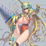  blonde_hair blue_eyes breasts covered_navel drill grey_background helmet highres horned_headwear horned_helmet huge_breasts leg_up long_hair masao nipples original parted_lips simple_background solo thighs very_long_hair 